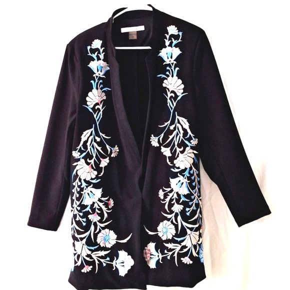 Peter Nygard Jackets & Blazers - 3/$23-'Vintage Peter Nygard Black Long Open Jacket with Floral Embroidery